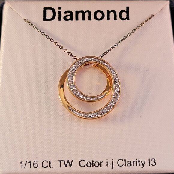 Gold Over Sterling Genuine Diamond Double Circle  Pendant Necklace - New In Box - Picture 1 of 5